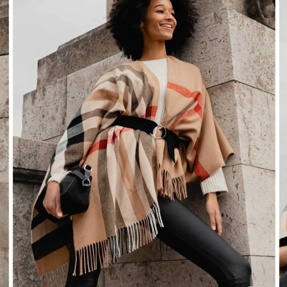 V. FRAAS German Made Camel Plaid Woven Fringe Acrylic Ruana Shawl Wrap- One Size - Picture 4 of 8